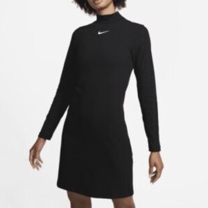 Nike Black Long Sleeve Mock Neck Mini Dress White Embroidered Swoosh Logo Size M